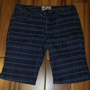 Blue and white plaid denim shorts